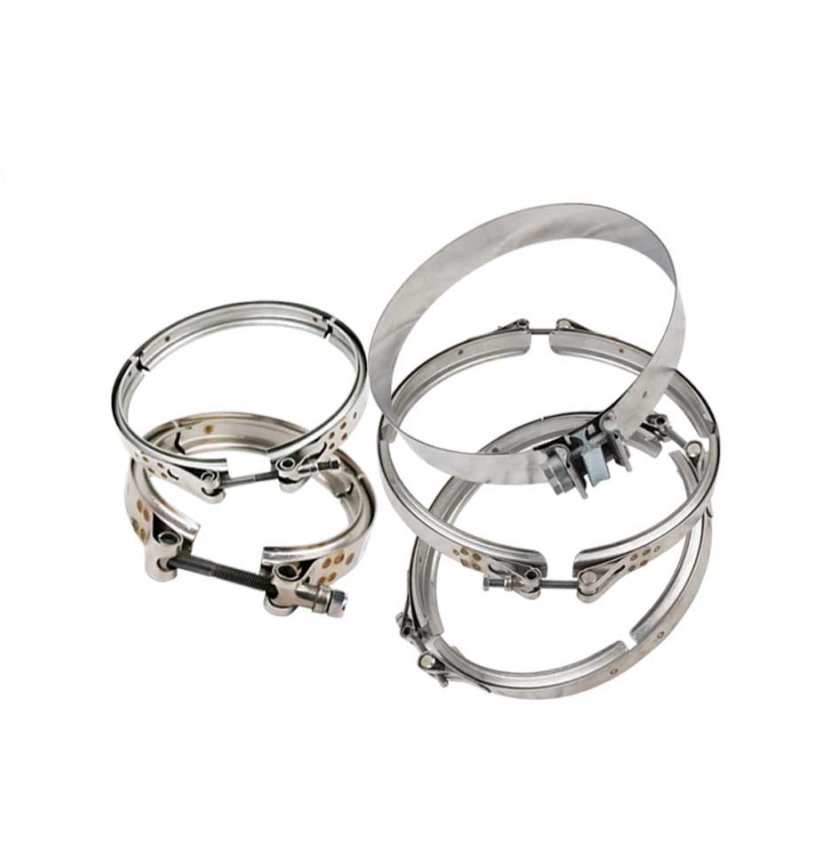 Assortment of heavy duty stainless steel exhaust clamps including V-band and flat band styles for commercial truck DPF systems